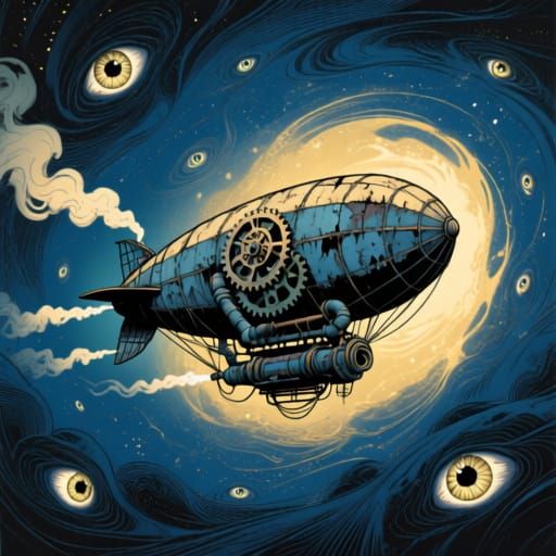 Tattered Airship in Cosmic Sky with Glowing Eyes