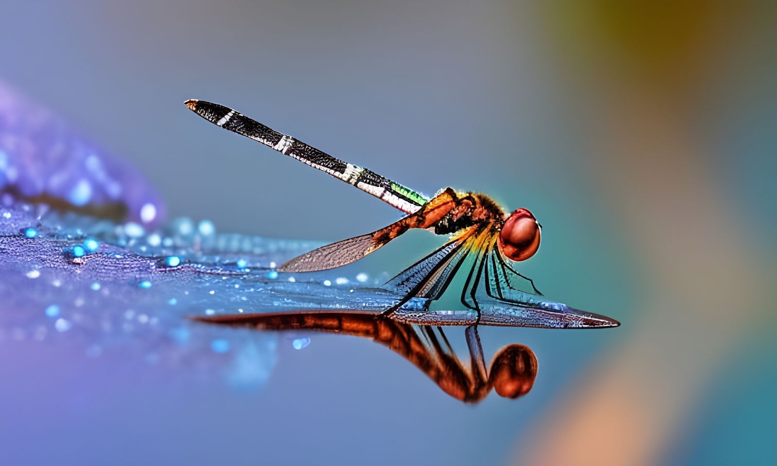Iridescent Dragonfly with Dew Drops Macro Photograph