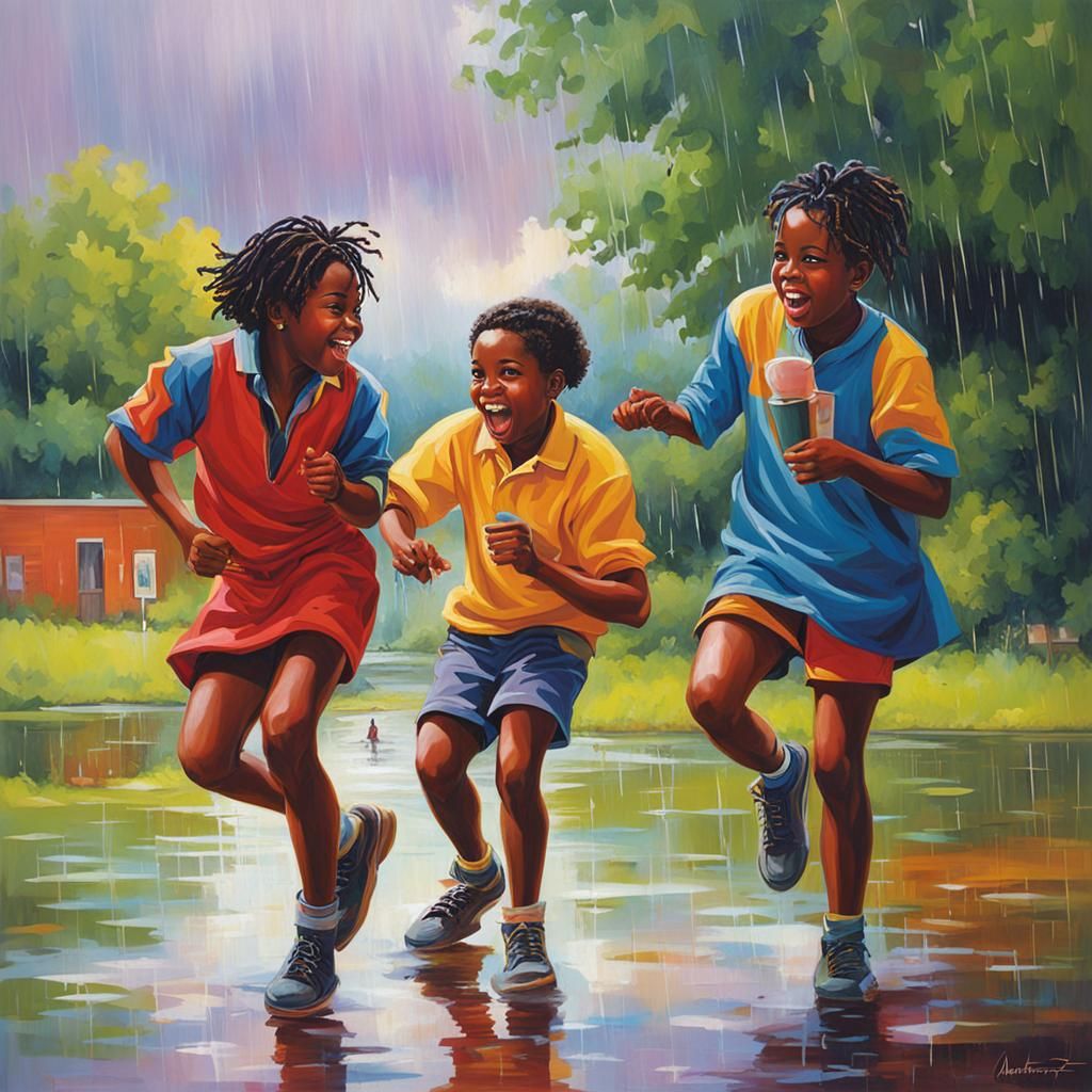 Colorful Illustration of Adolescents Playing in Rain