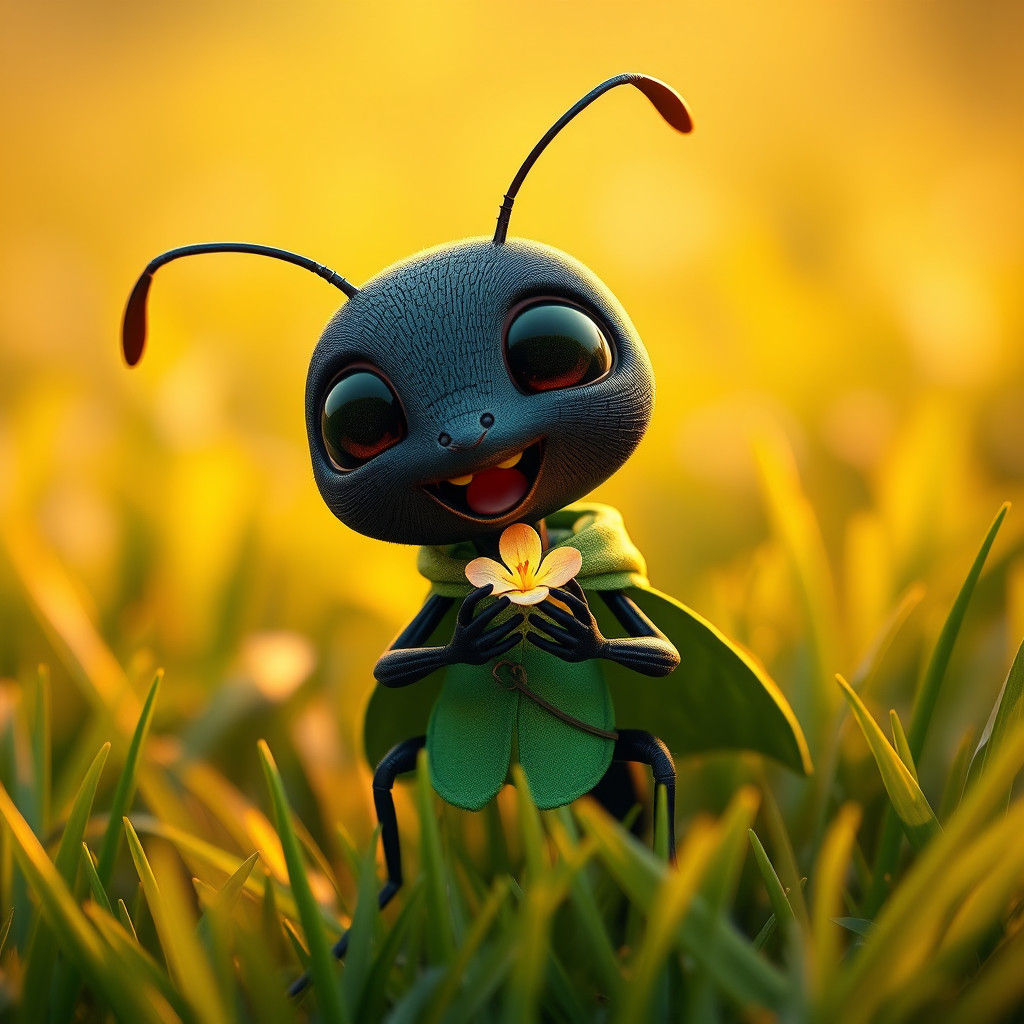 Joyful Black Ant in Lush Field, 3D Rendered