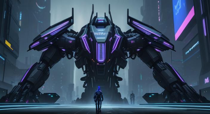 Cyberpunk Couple in Neon Metropolis with Sentinel Mechs