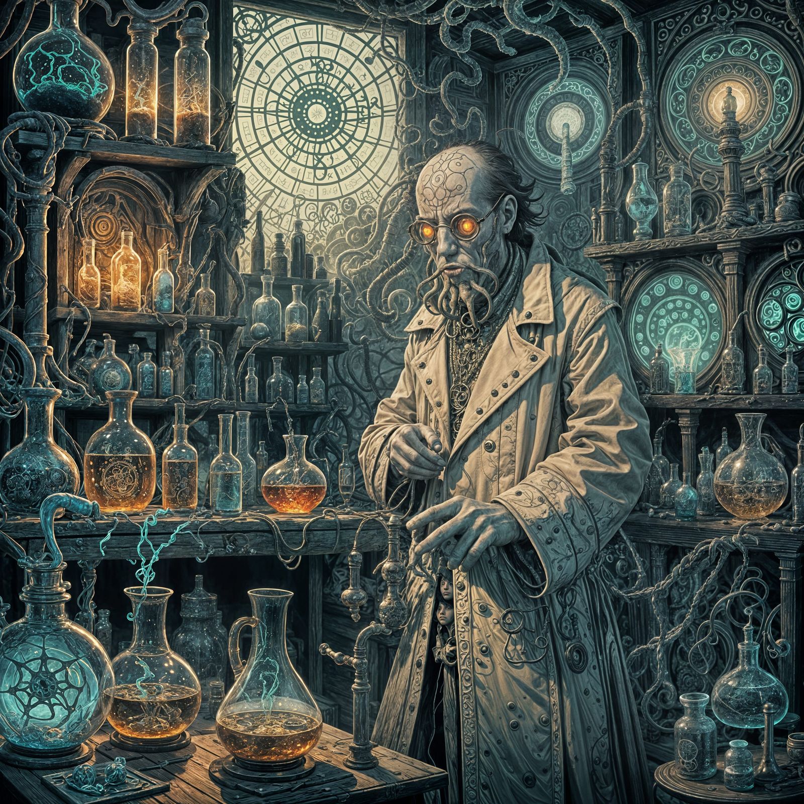 Eldritch Alchemist Crafts Forbidden Potions in a 1920s Labor...