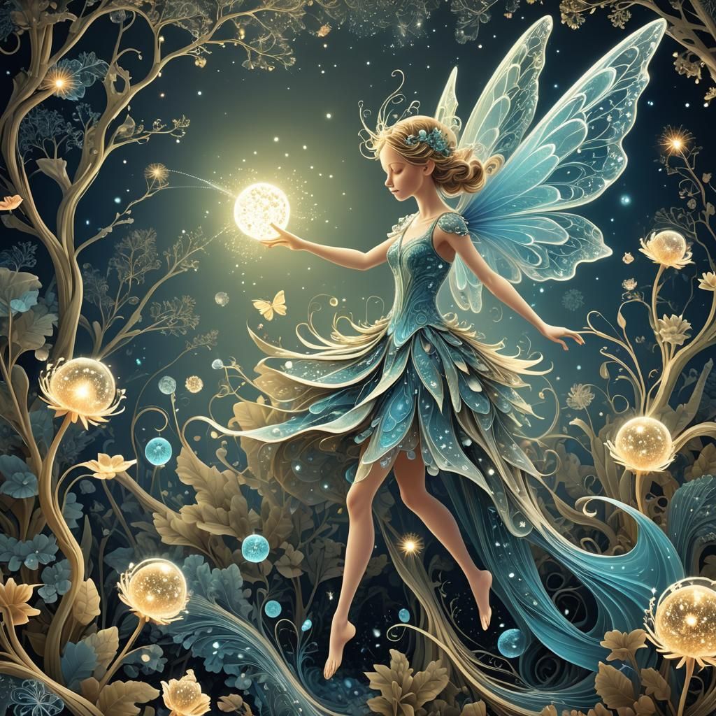Beautiful Fairy Playing with Dust in 3D Landscape