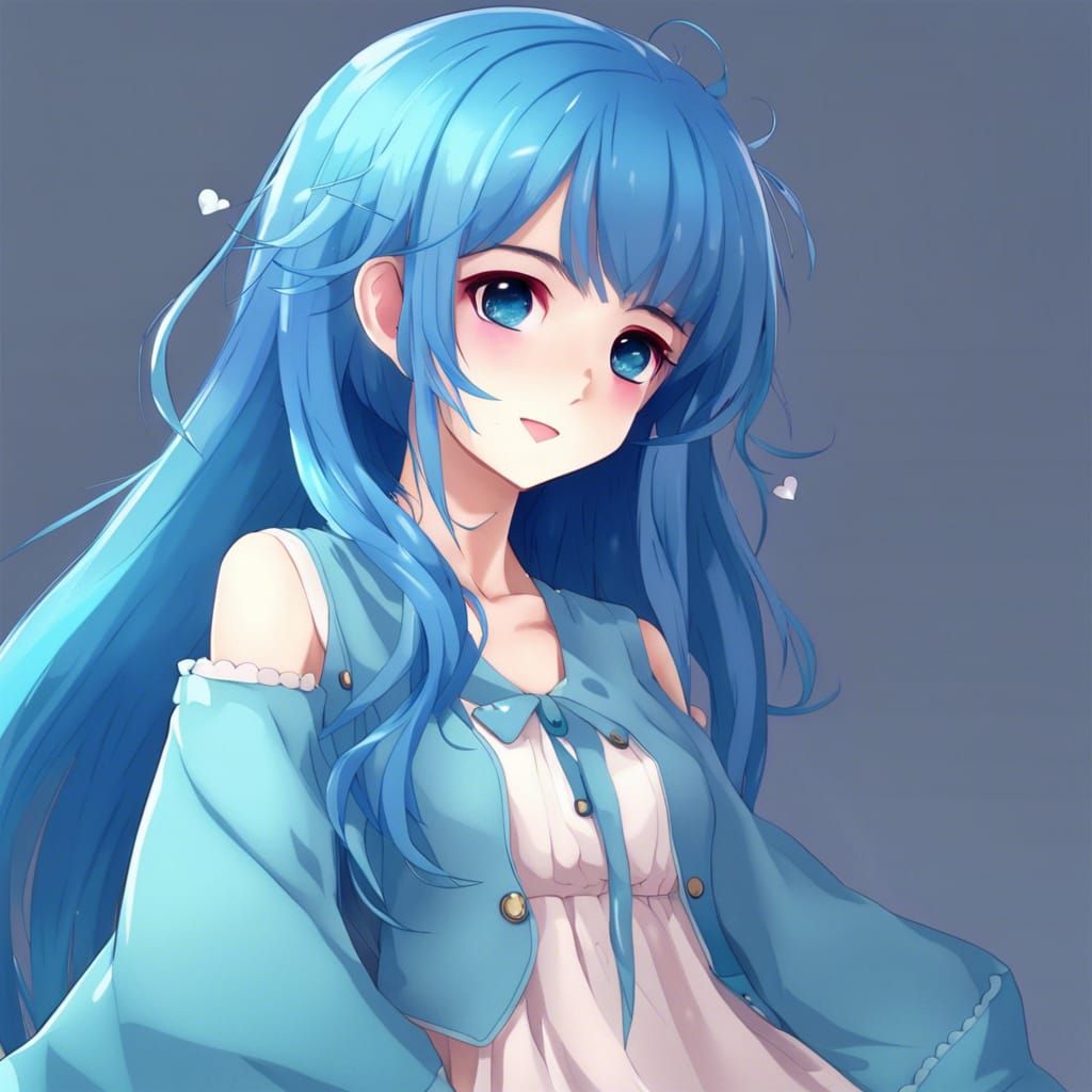 Cute Anime Girl with Blue Hair in Dress