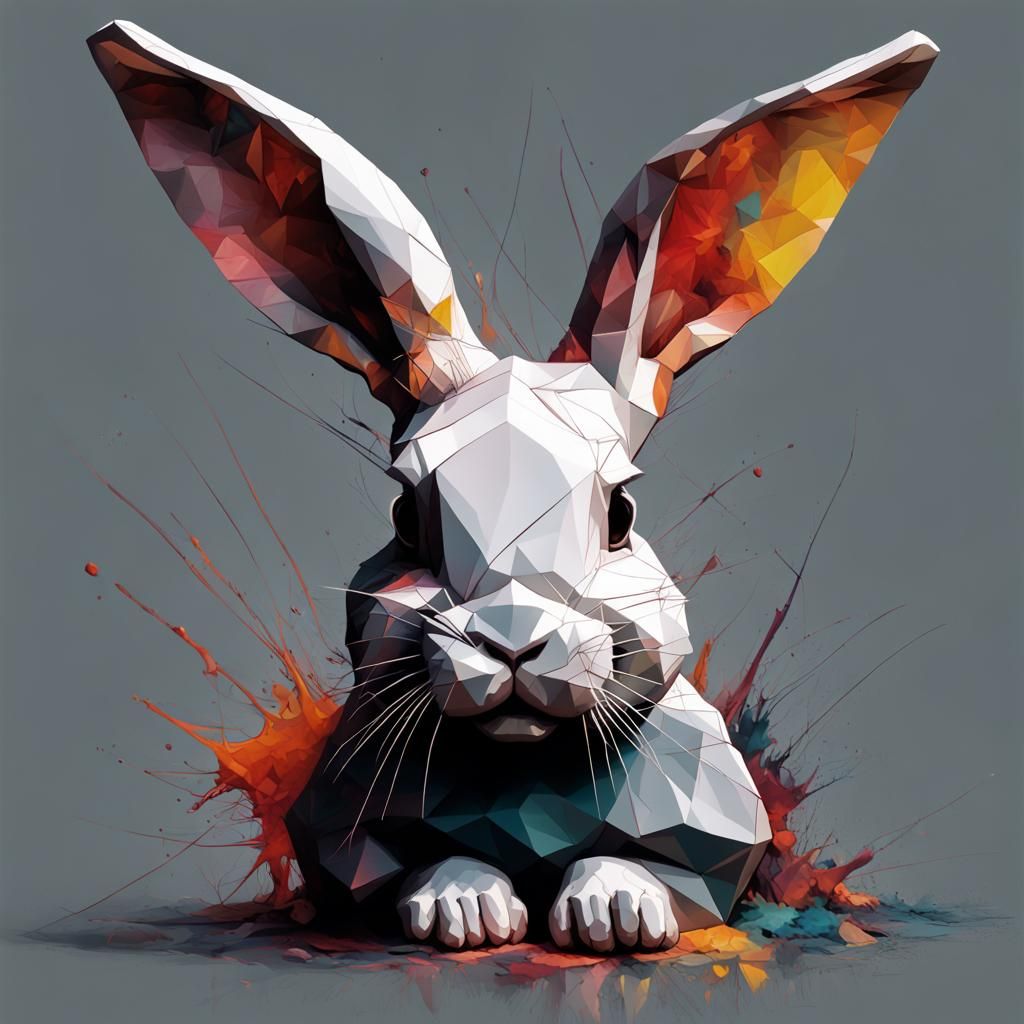 Adorable Low Poly Rabbit Portrait in Inkblot Style