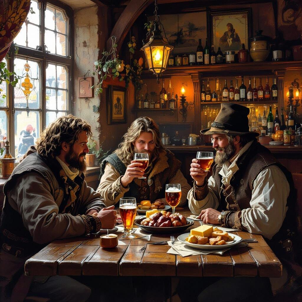 Warmly Lit Tavern Scene with Patrons Enjoying Food and Drink