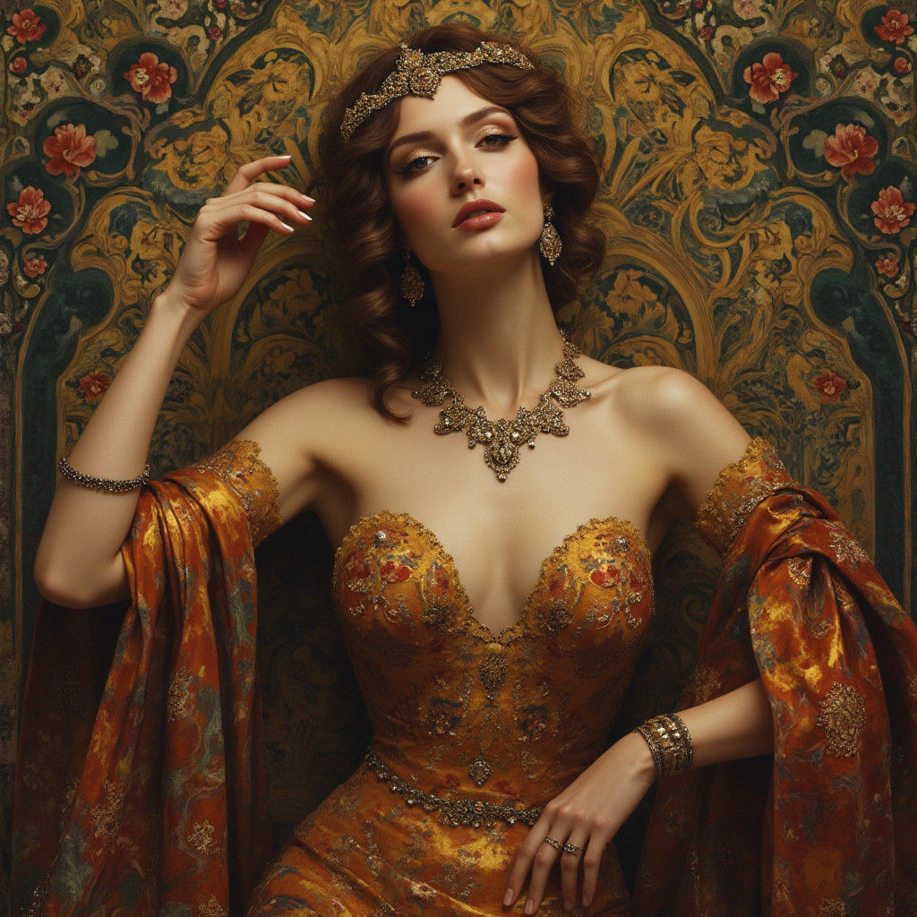 Regal Woman in Opulent Setting, Klimt-Inspired Art