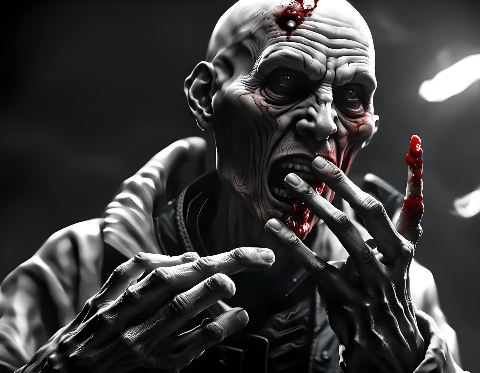 Disfigured Man Holding Finger in Dramatic Sci-Fi Scene