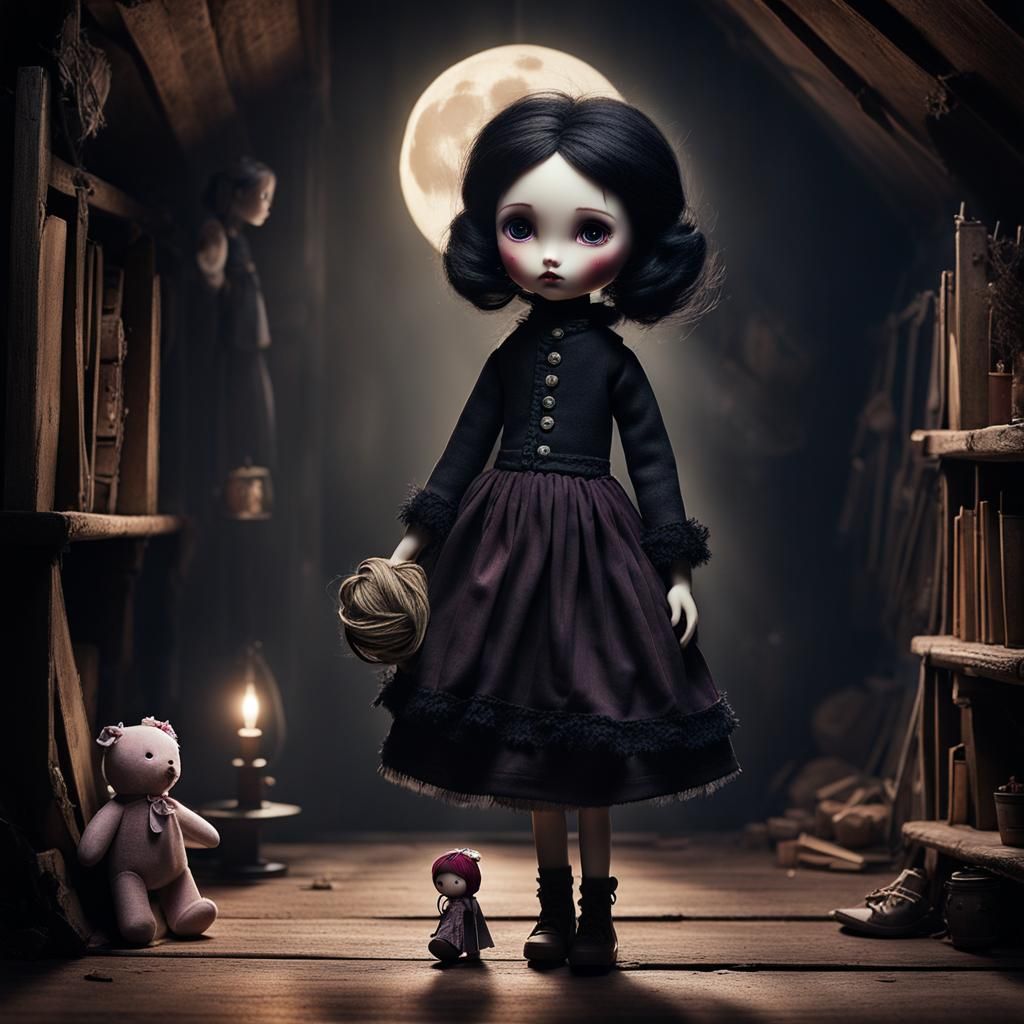 Goth Punk Doll in Attic with Rag Doll