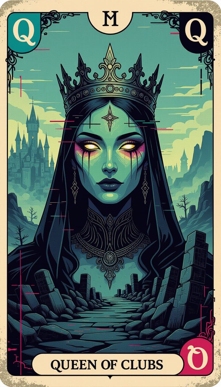 Queen of Clubs Tarot Card in Glitchcore Style
