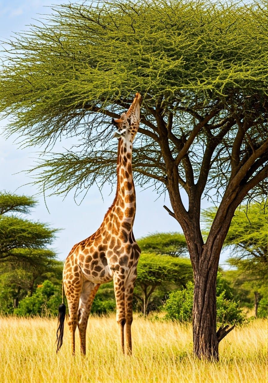 Giraffe Reaches for Tasty Leaves Amidst the African Savanna