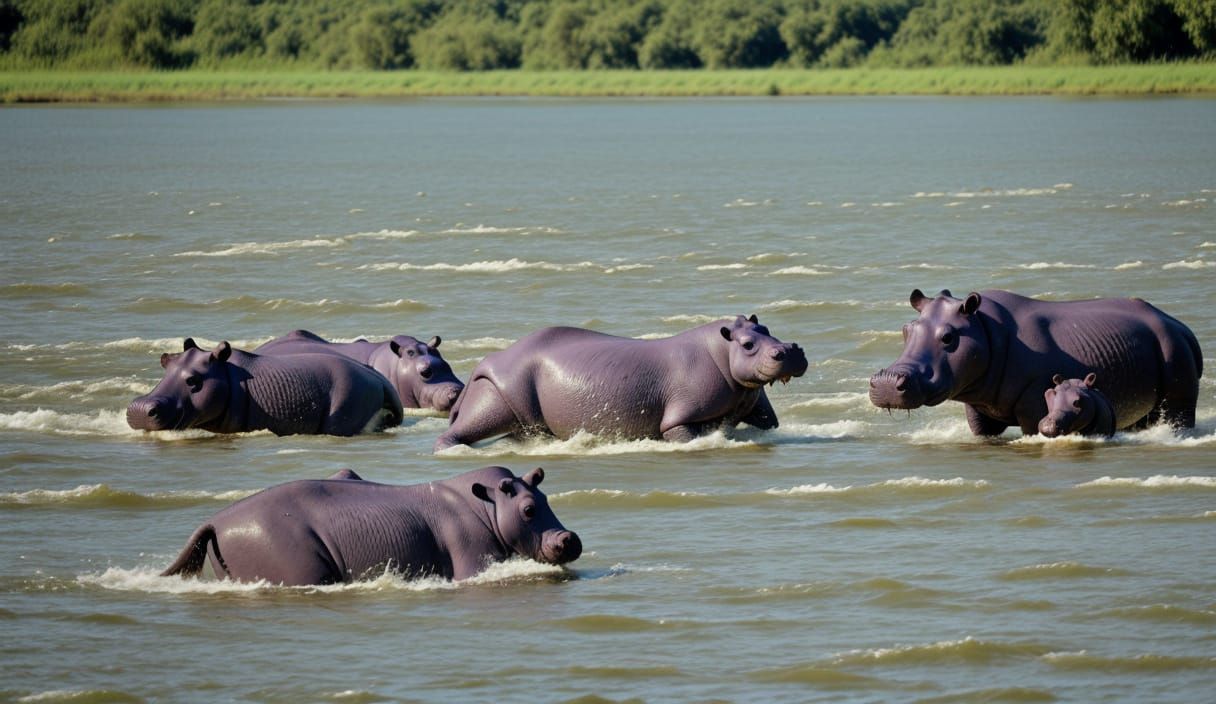 Hippos Enjoying River Life Under the Hot Sun