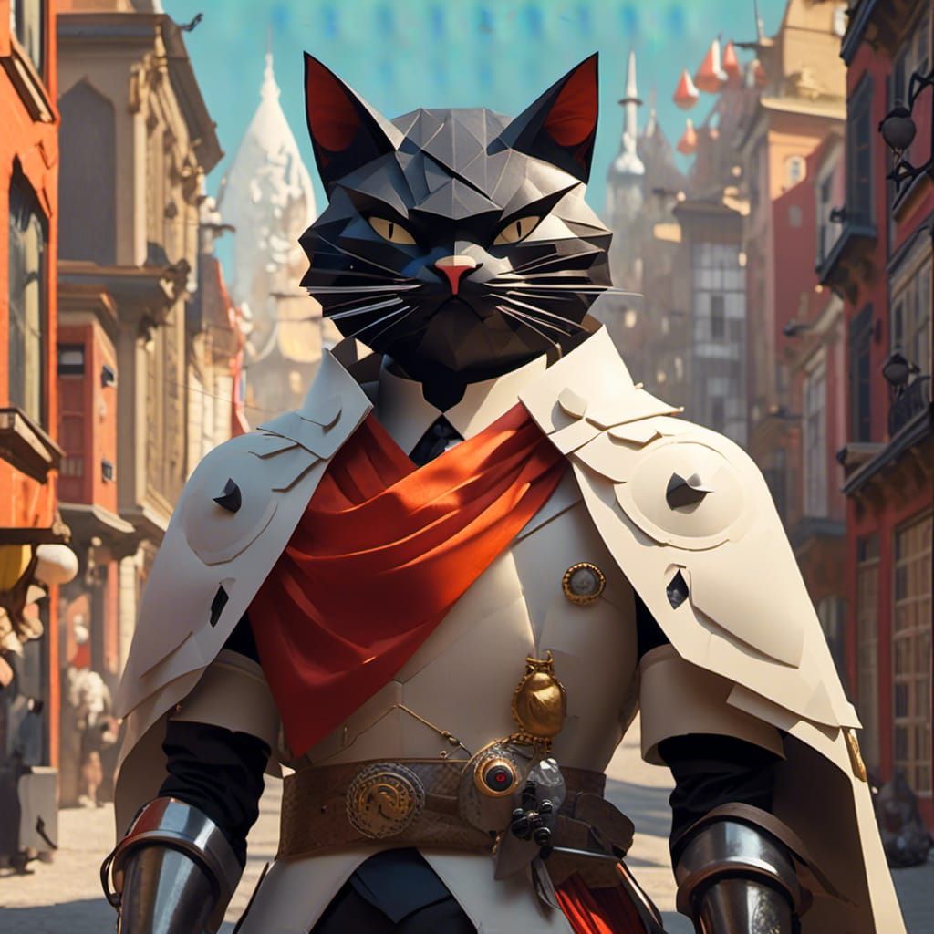 Anthropomorphic Cat Knight Origami Portrait
