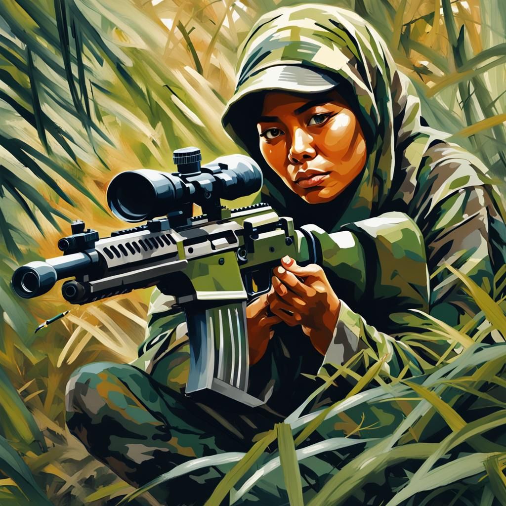 Camouflaged Woman Hiding with Sniper Rifle, Dry Brush Portra...