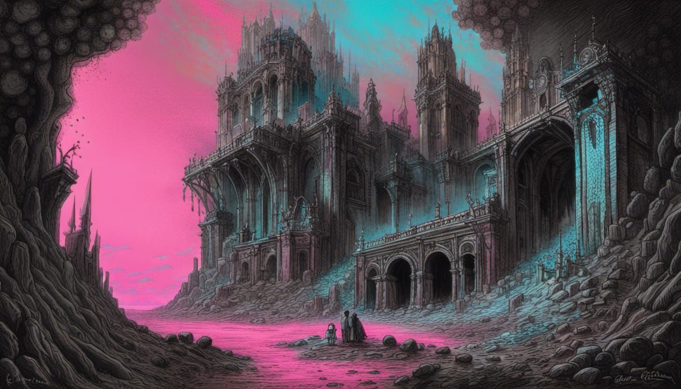 Quizirium Towers: Synthwave Retro Horror Charcoal Drawing