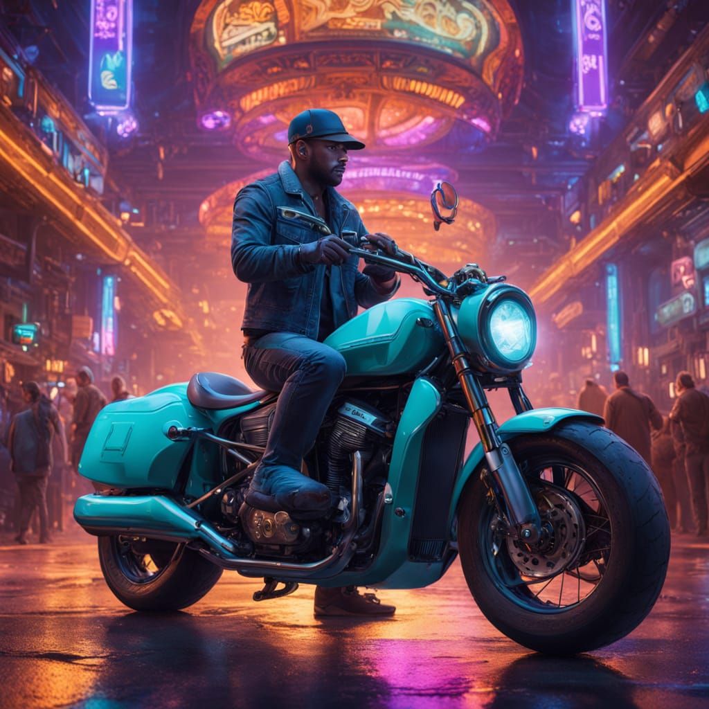 Neon Fantasy Bar Scene in a Teal Motorcycle Helmet