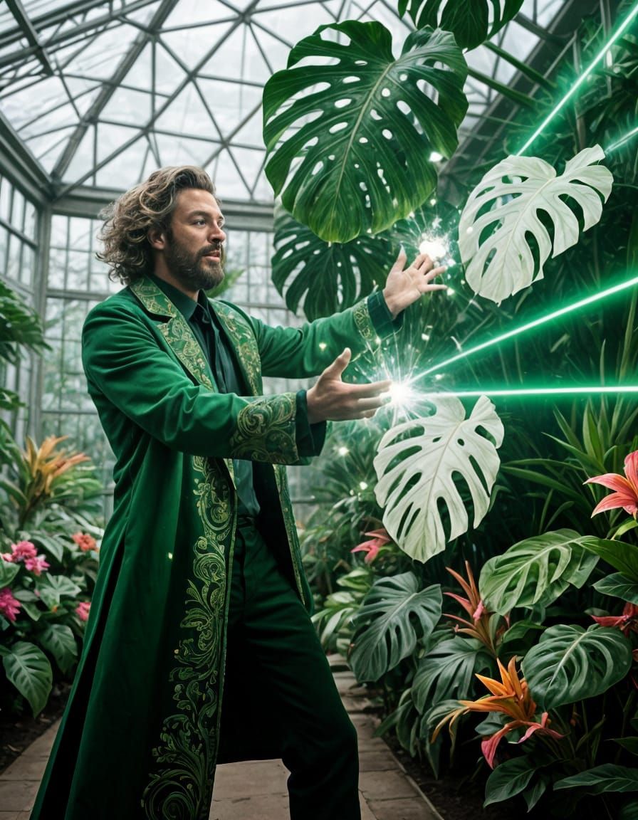 Magical Man Tends Giant Monsteras in Glowing Conservatory