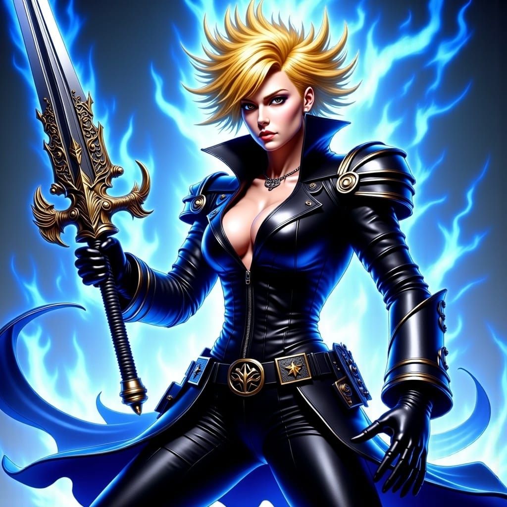 Cyberpunk Sheriff with Sword and Blue Flames