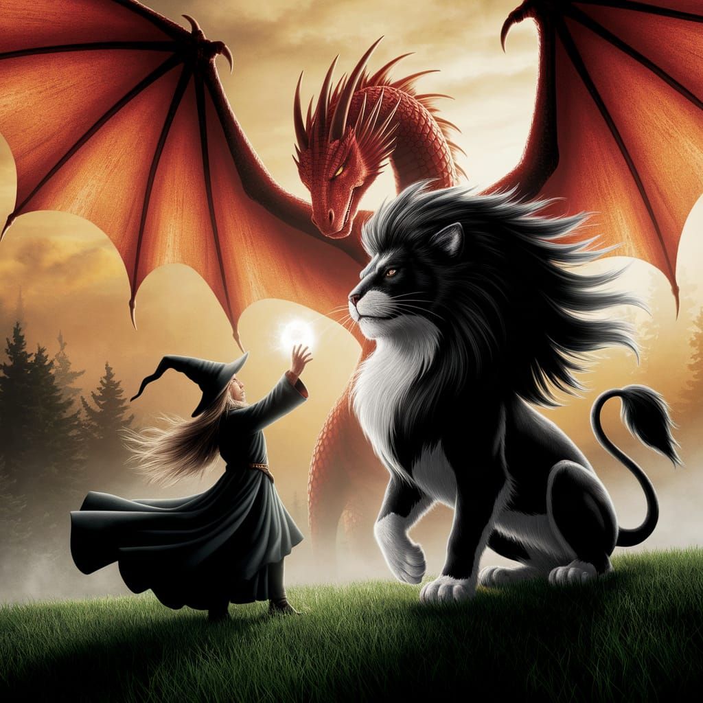 Wizard Conjures Tuxedo Lion with Dragon