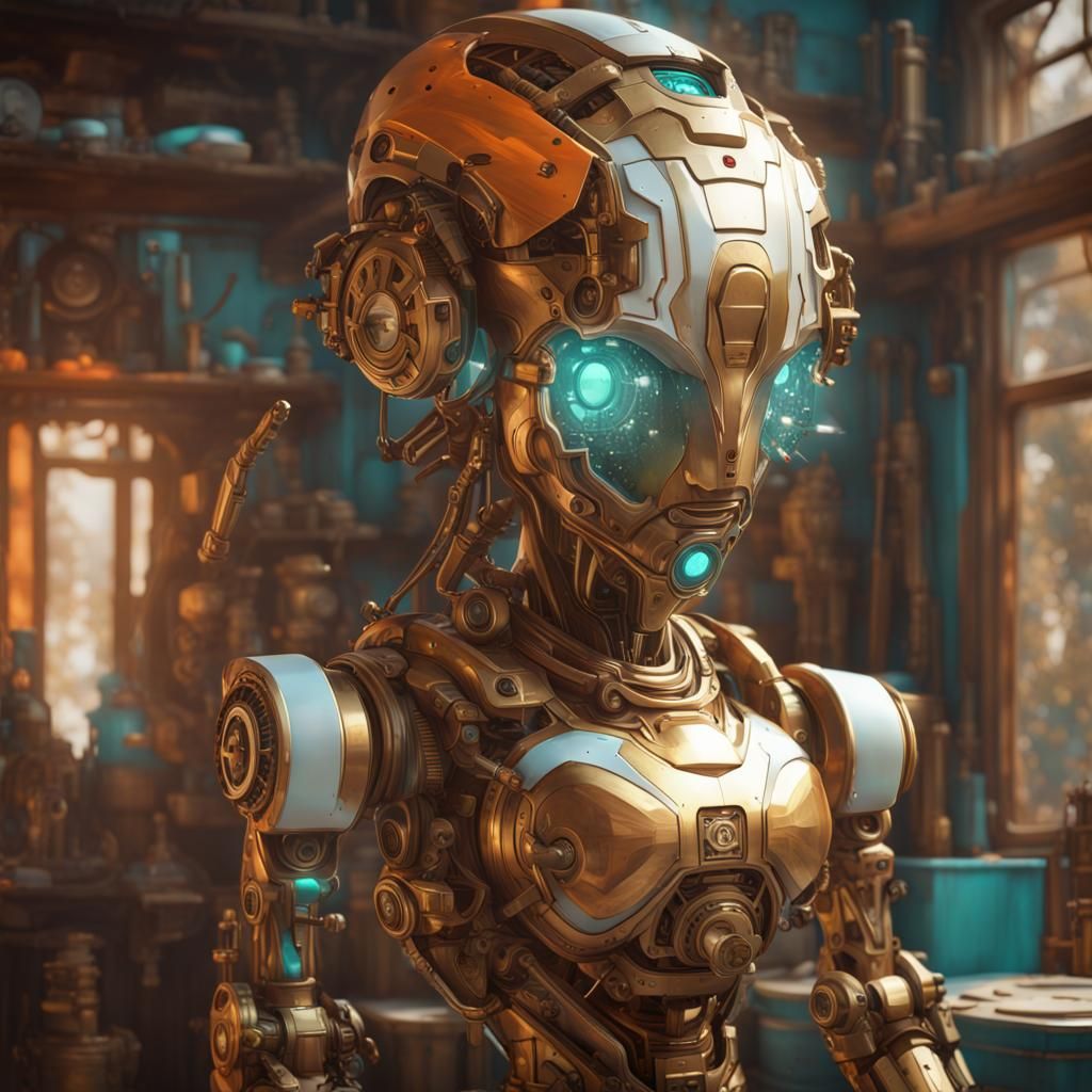 Brass Android Builds Robot Baby, Fantasy Concept Art