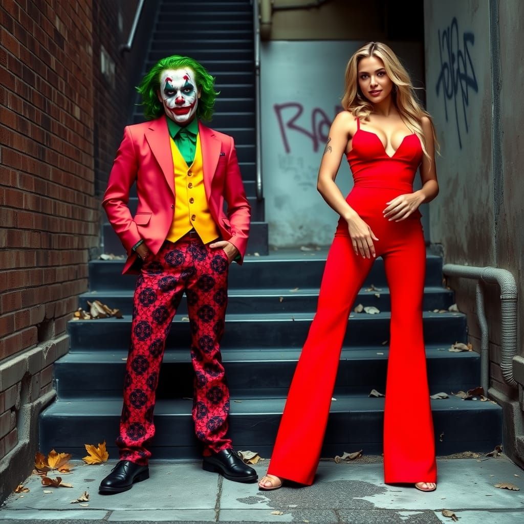 The Joker and Woman in Red Jumpsuit in Urban Setting