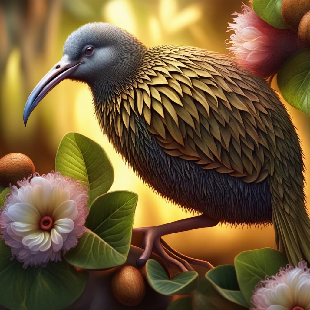 Kiwi Bird Among Flowers in Hyperrealistic Airbrush Art