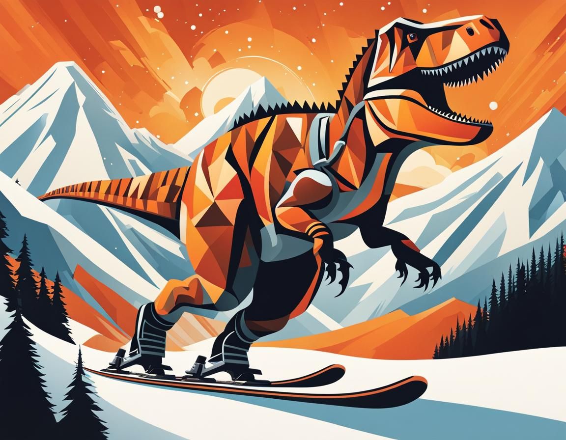Cubist Cartoon: T-Rex Skiing Down Mountain