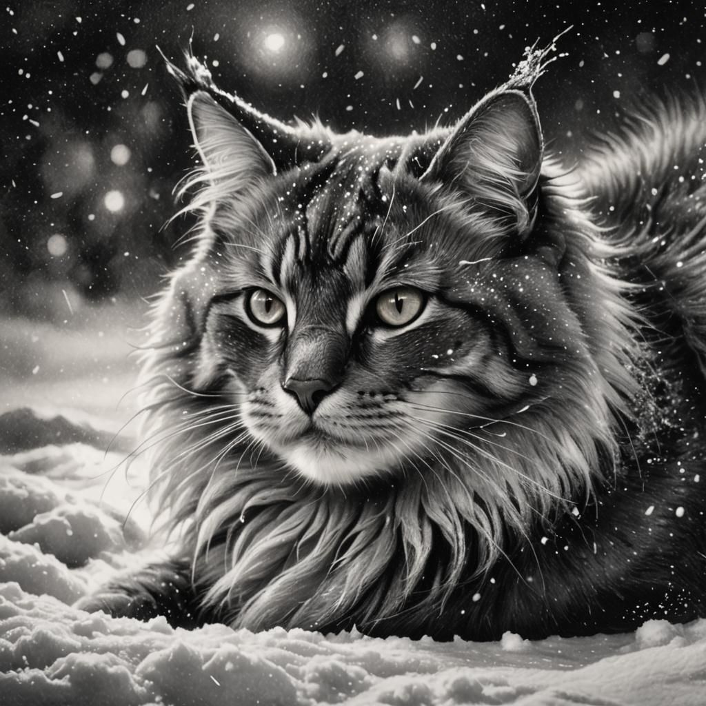 Cat in Snow: Rembrandt-Inspired Charcoal Drawing