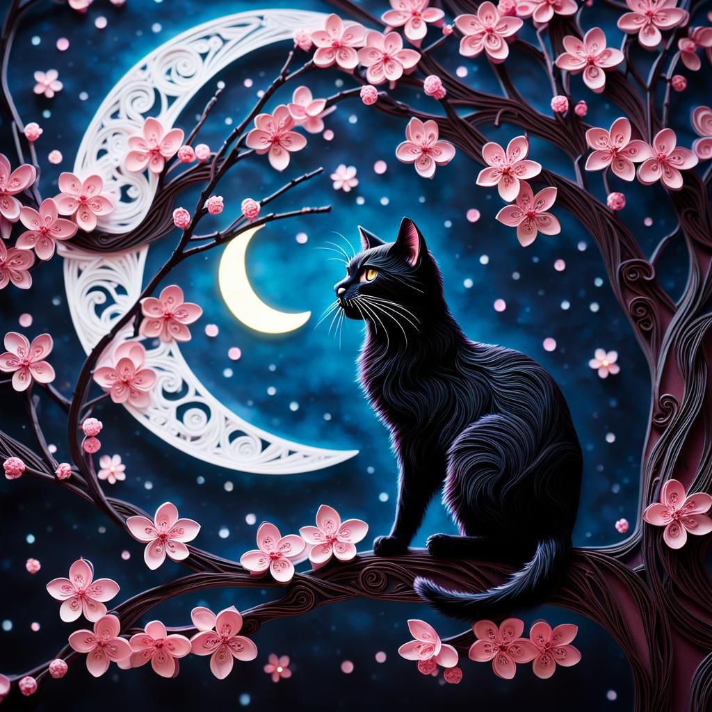 Glowing Cherry Blossom Tree with Black Cat