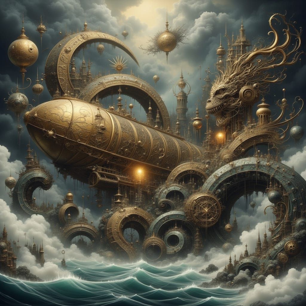 Steampunk Zeppelin Battles Clockwork Kraken in Ethereal Ligh...