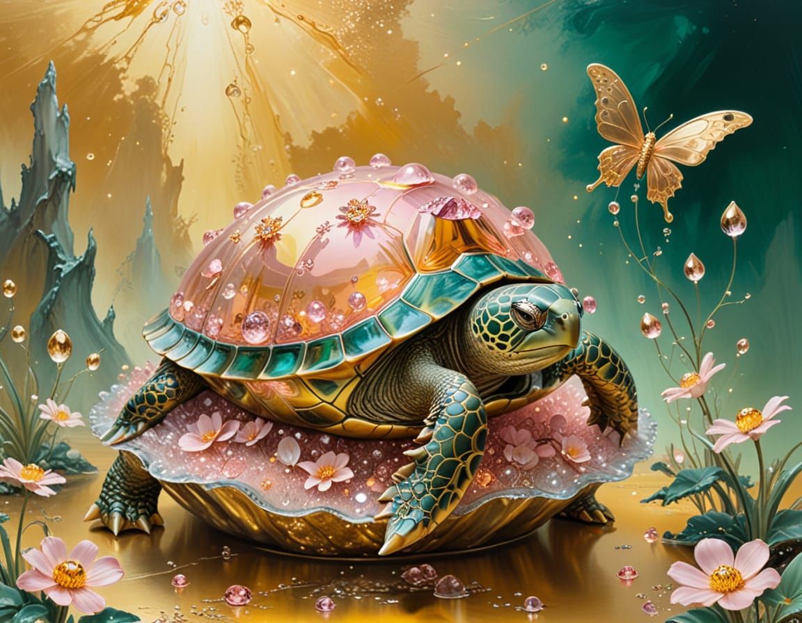 Turtle Carries Fairies in Surrealist Garden
