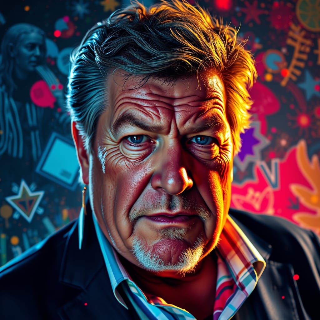 30-year-old William Shatner. Cinematic lighting, pop art, colorful polychromatic. Breathtaking hyperdetailed moody splas...