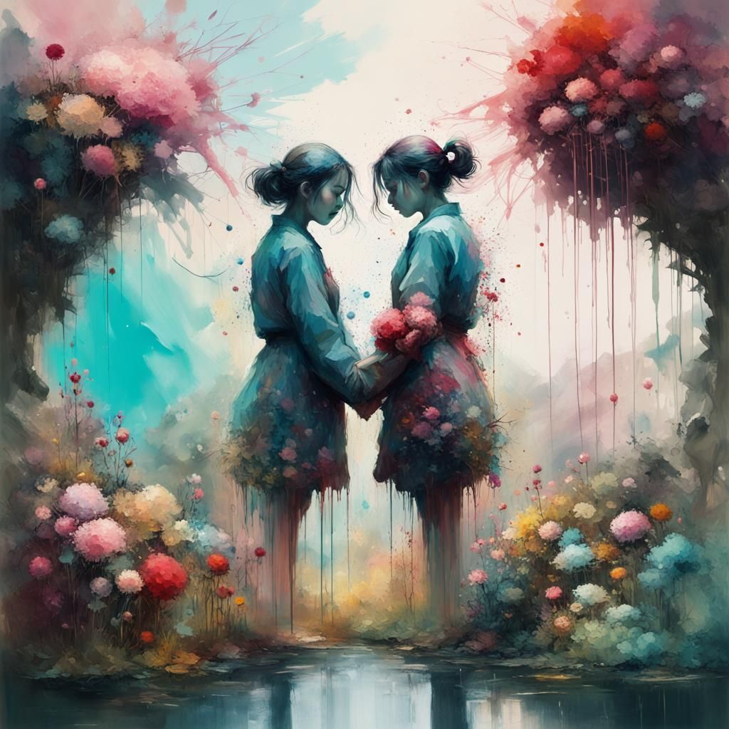 Figures Embracing in Garden, Atmospheric Oil Painting