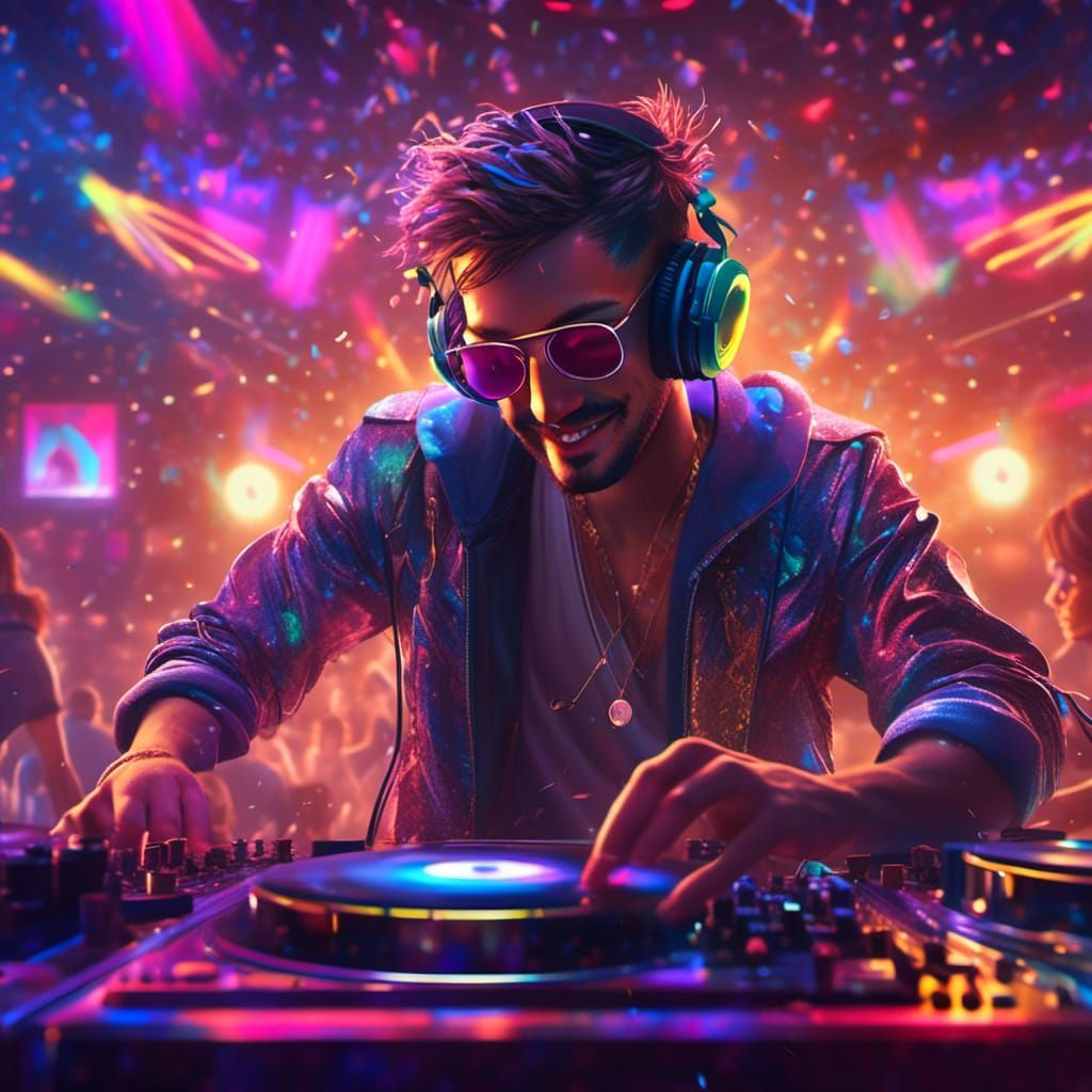 Happy DJ Portrait in Hyperreal Disco Club Setting