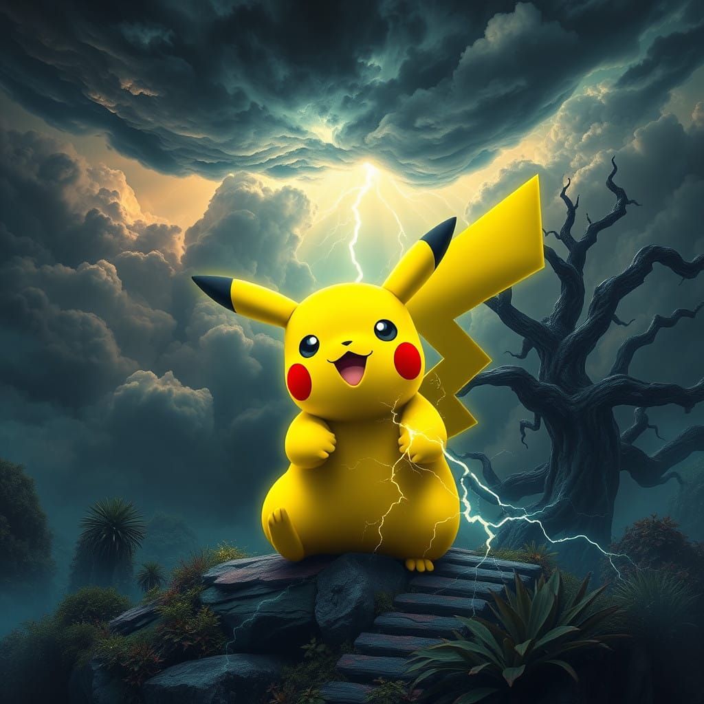 Epic Stormy Landscape with Neon Yellow Pikachu