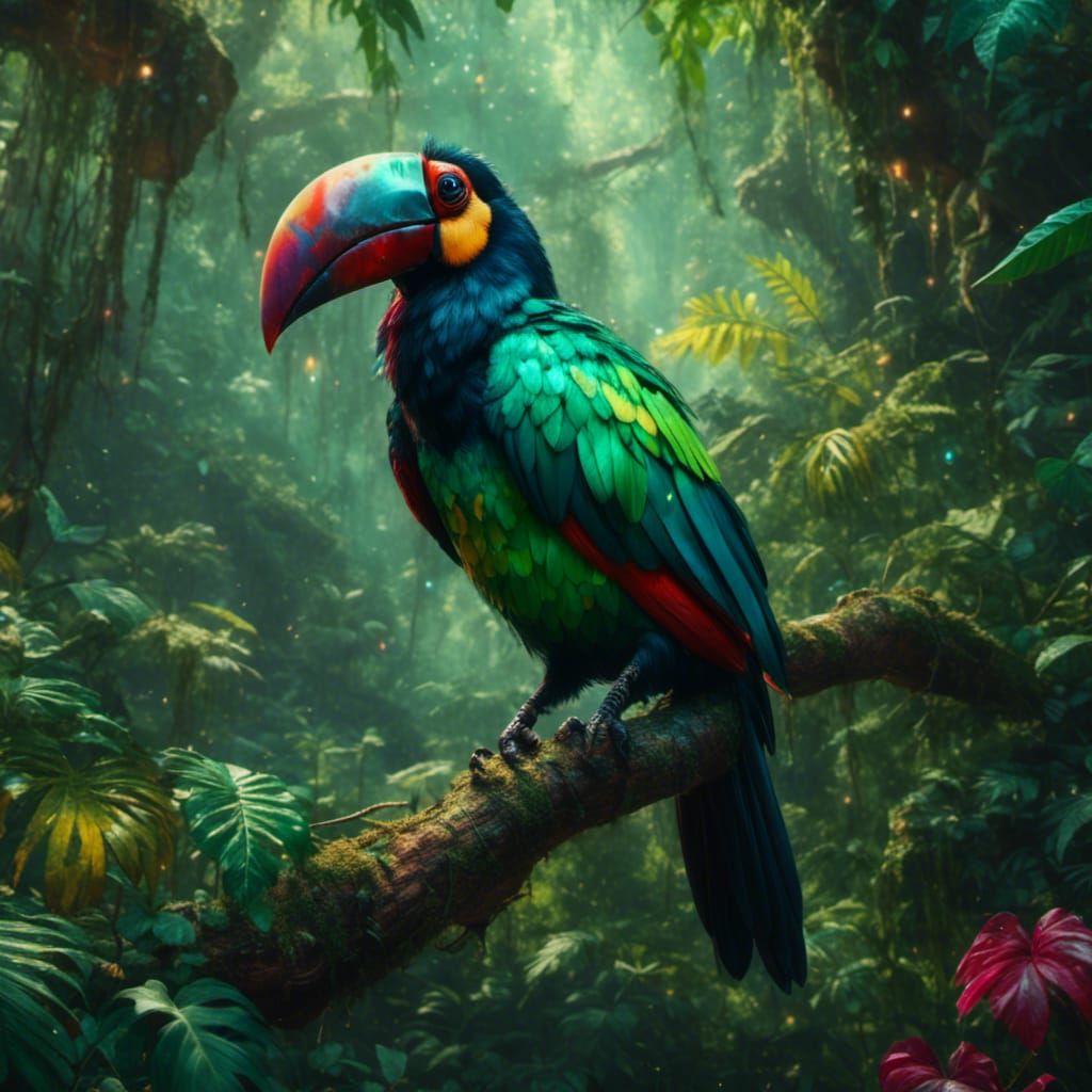 Emerald Toucan in Lush Jungle, Polychromatic Art