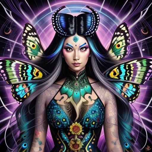 Butterfly Woman with Peacock Feathers, Comic Book Art