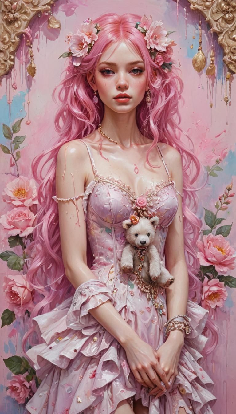 Fantasy Girl with Pink Hair, Dripping Paint Style