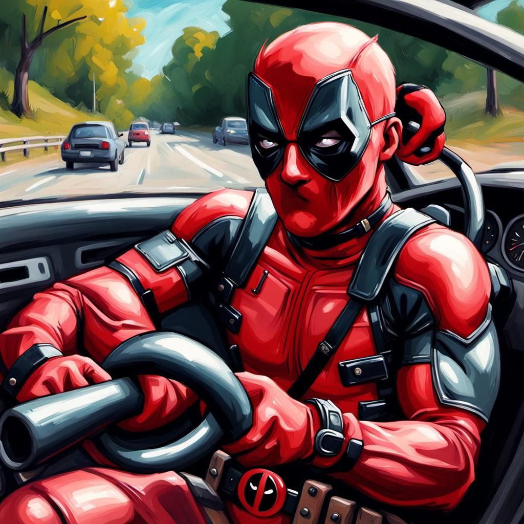 Deadpool Drives: Grotesque Oil Painting in Impasto Style