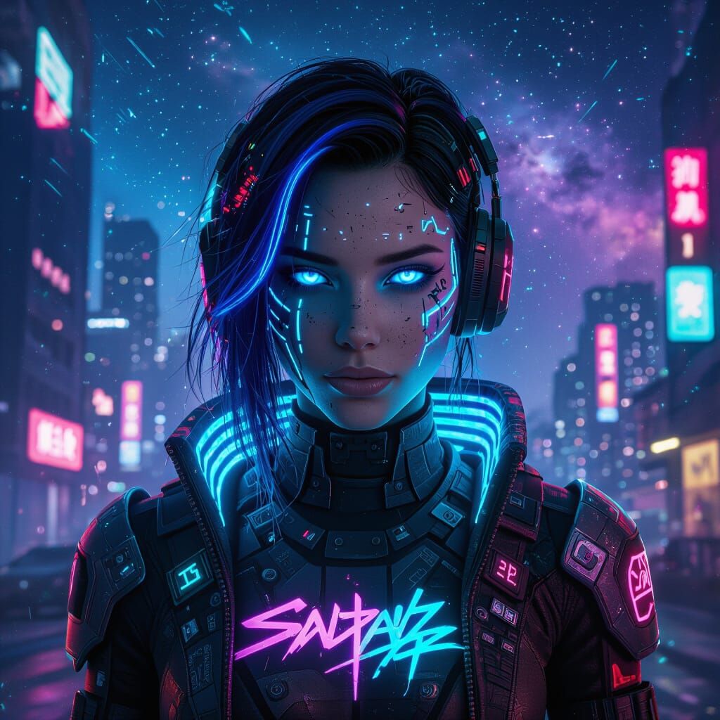 Cosmic Cyberpunk Warrior in Neon Cityscape