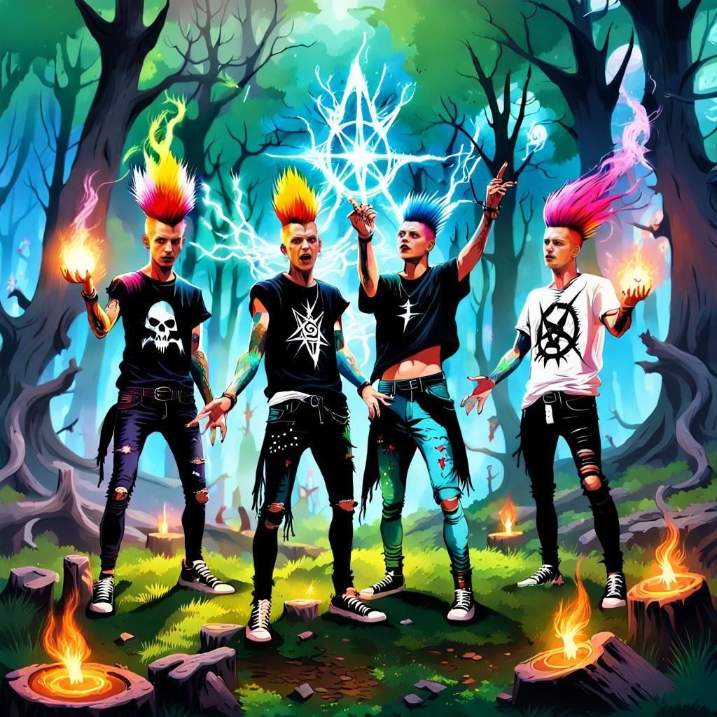 Punk Sorcerers Conduct Ritual in Enchanted Woodland Grove