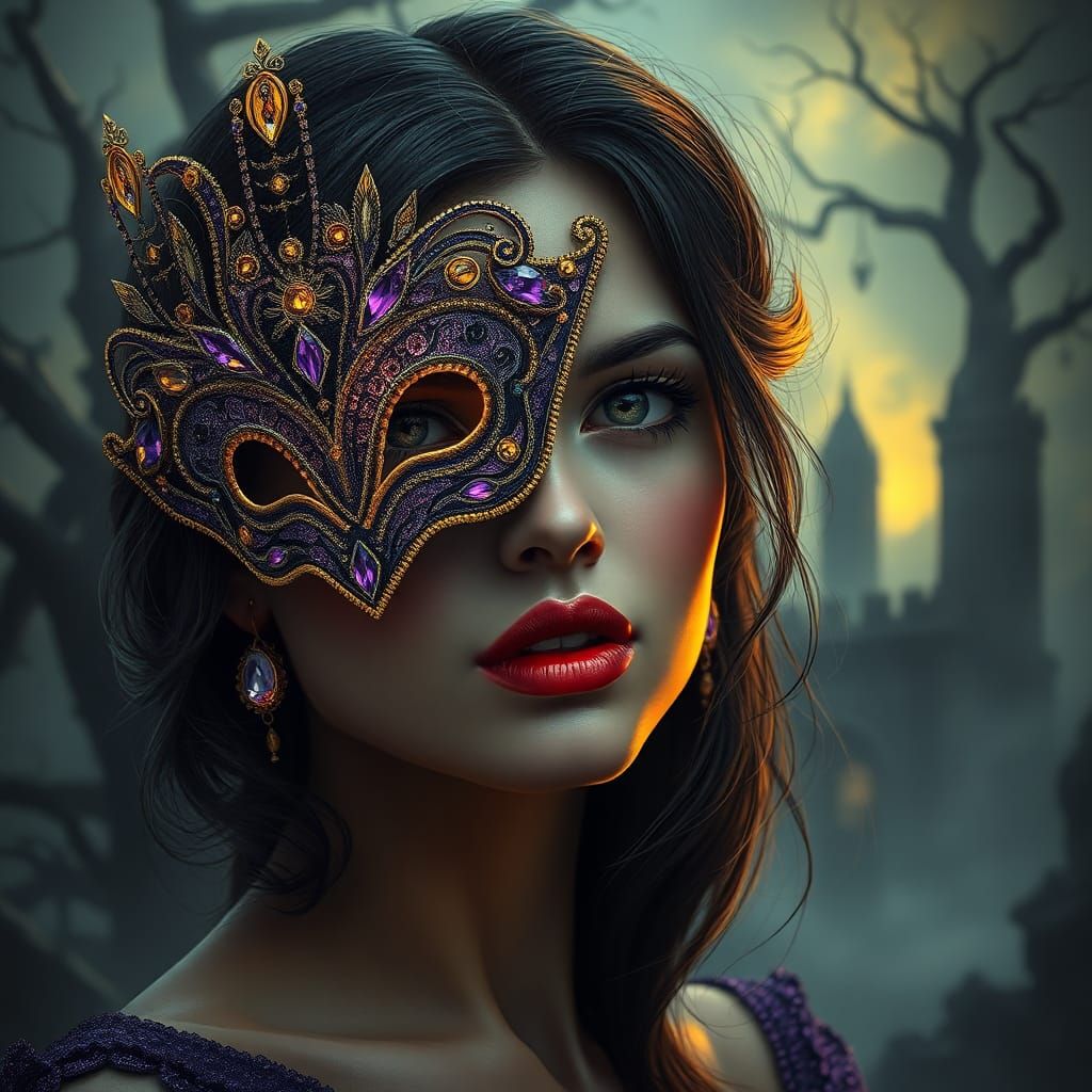 Masked Woman in Dark Fantasy Landscape