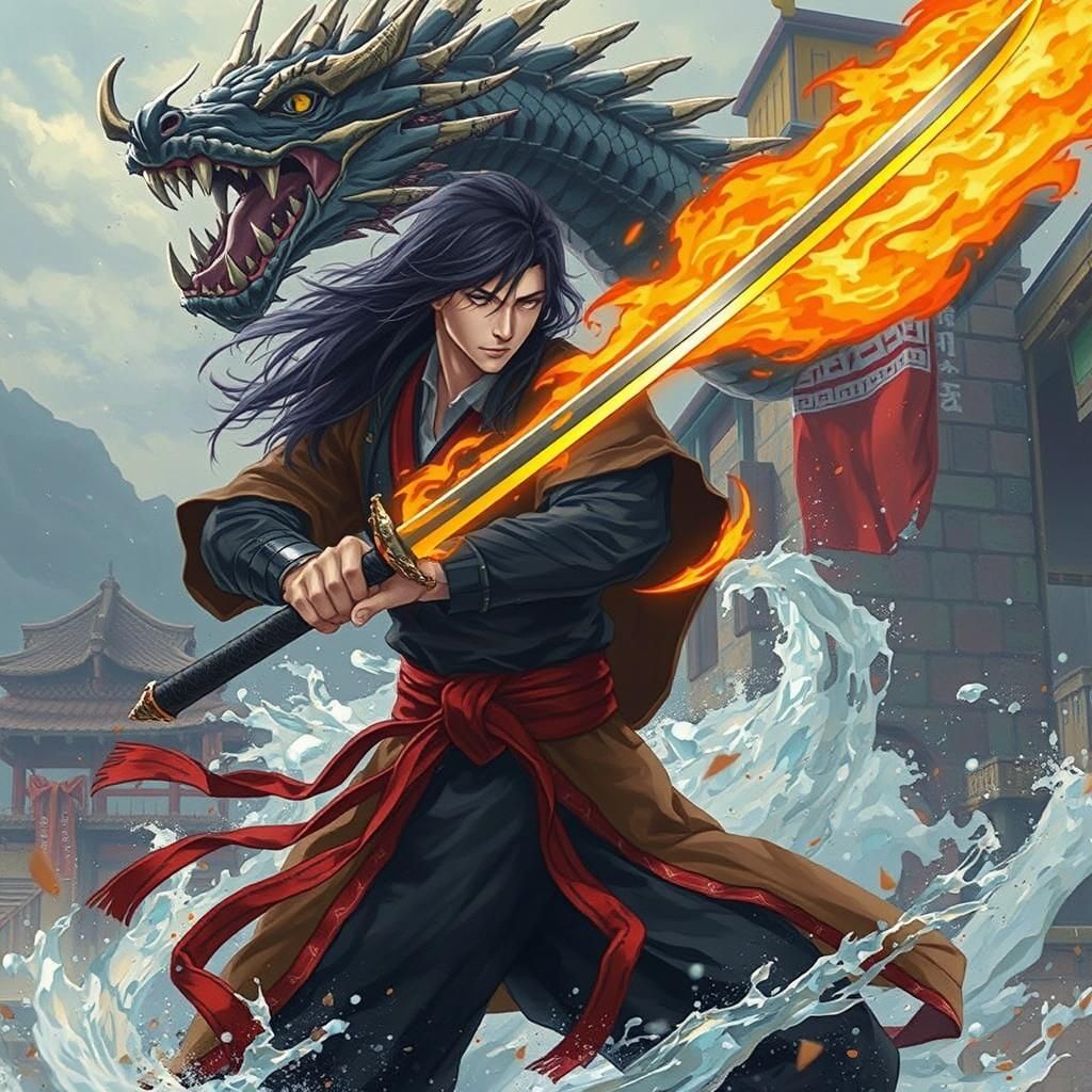 Samurai Battles Water Dragon with Flaming Sword