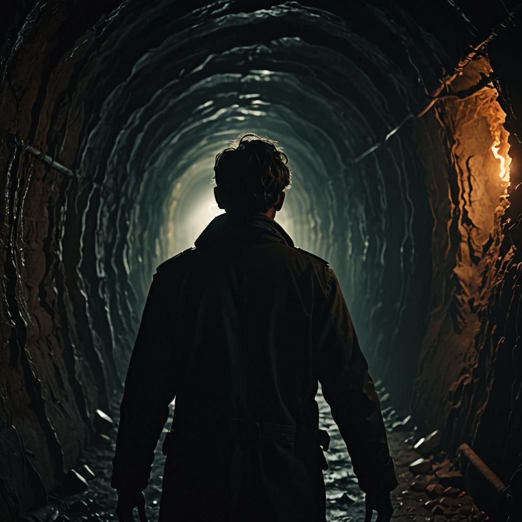 Eerie Tunnel Encounter: Dark Surrealism in Horror Style