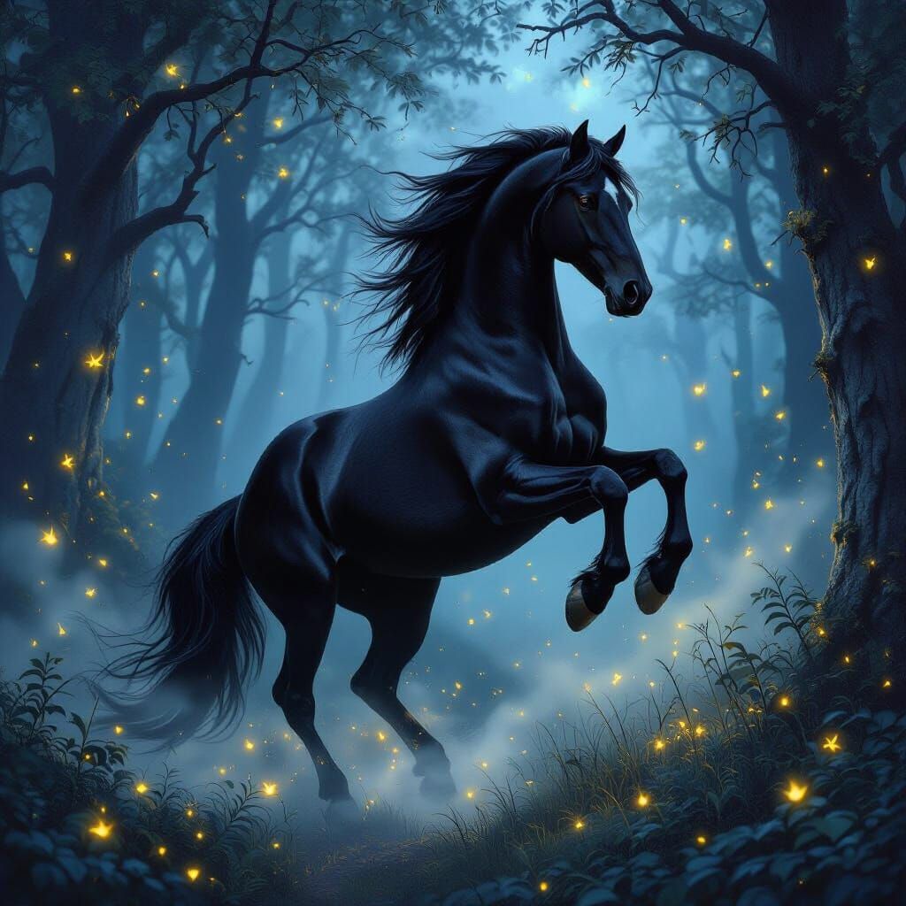 Majestic Black Horse in Mystical Forest