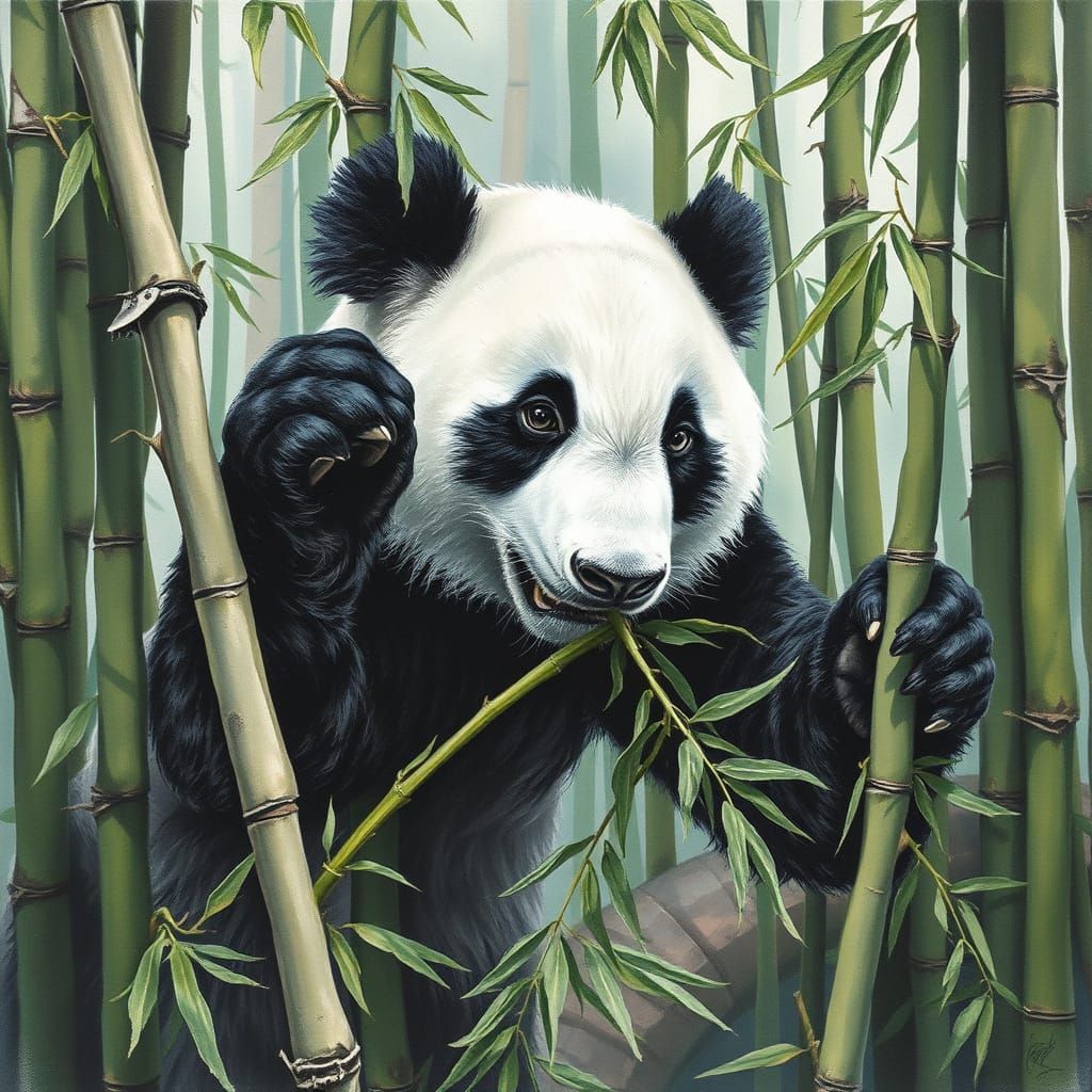 Epic Impressionist Panda in Bamboo Forest Gouache Watercolor...