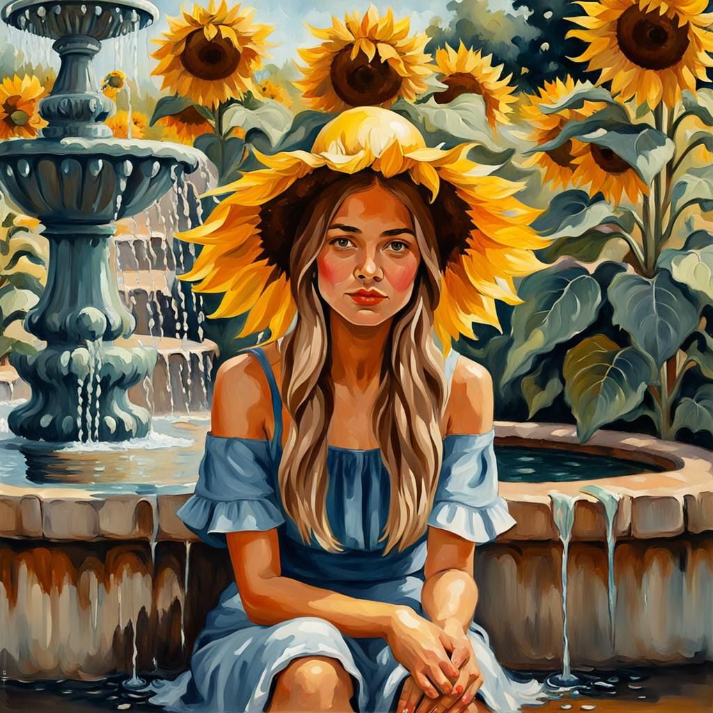 Girl in Sunflower Bonnet, Gouache Impressionist Style