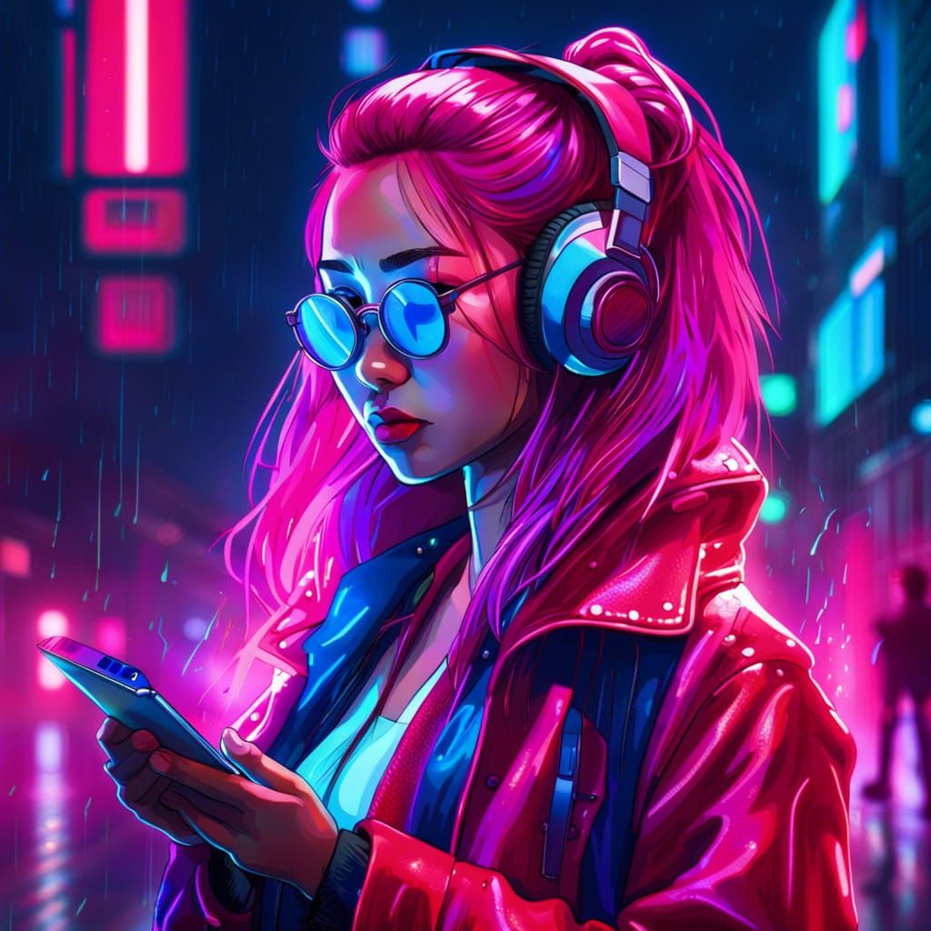 Cyberpunk Asian Woman in Neon Dystopian Rain