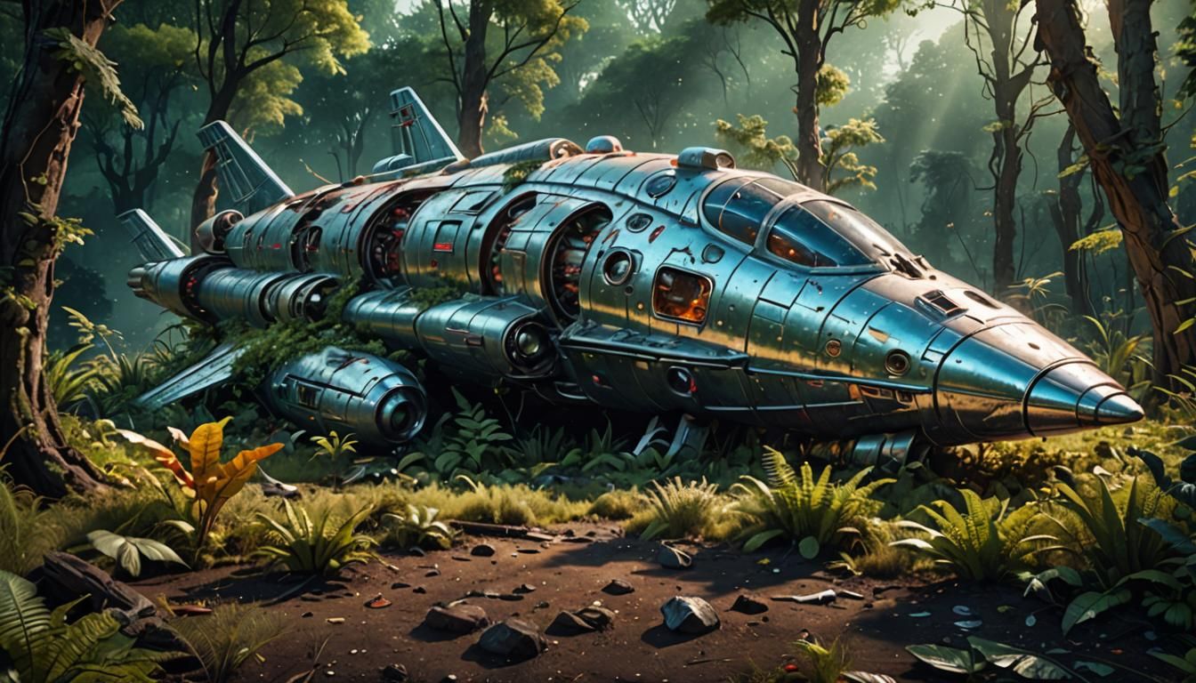 Abandoned Rocketship on Alien Planet in Surreal Style
