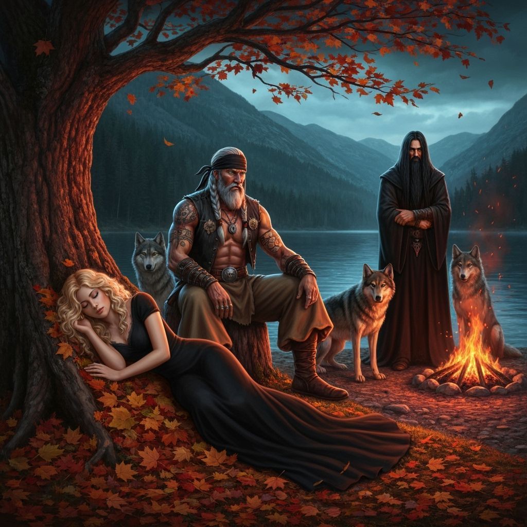 Dark Fantasy Scene: Viking, Wizard, and Sleeping Woman